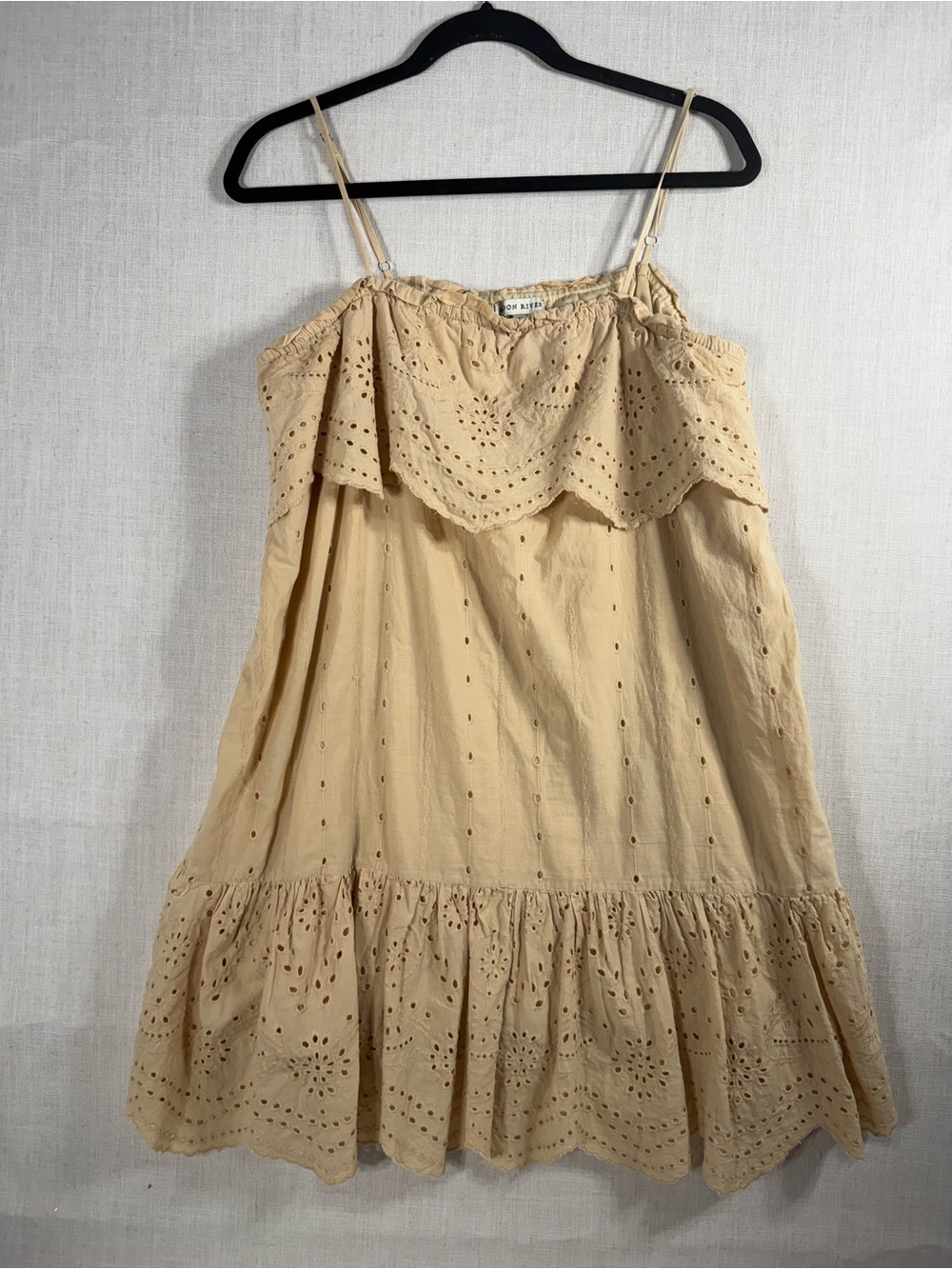 Women's Beige Eyelet Mini Dress with Ruffle Bodice